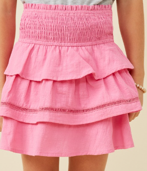 Girls Crochet Trimmed Smocked Layered Skirt in Pink