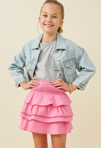 Girls Crochet Trimmed Smocked Layered Skirt in Pink