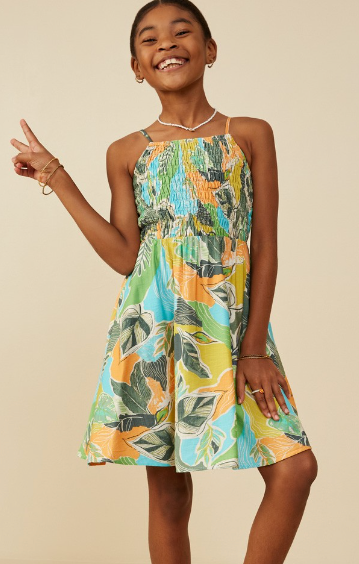 Girls Foliage Print Smocked Detail Tank Dress
