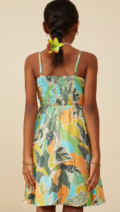 Girls Foliage Print Smocked Detail Tank Dress