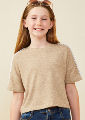 Girls Contrast Stitch Detail Drop Shoulder Knit Top in Taupe