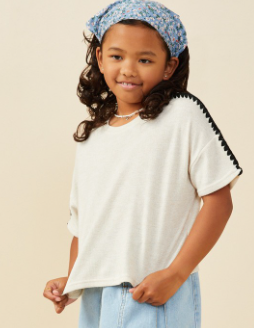 Girls Contrast Stitch Detail Drop Shoulder Knit Top in Ivory