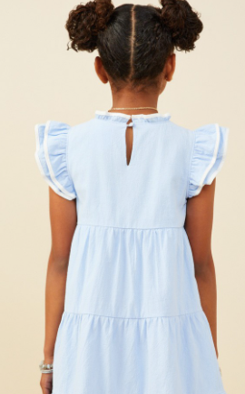 Girls Contrast Piped Ruffle Detail Dress in Blue
