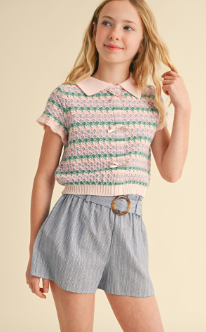 Tween Kids Girls Collared Crop Knit Top