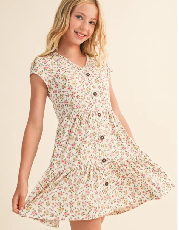 Tween Kids Girls Faux Button Down Tiered Dress