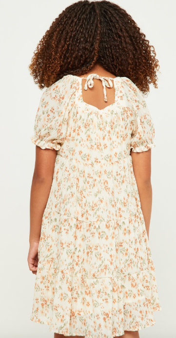 Girls Pleated Floral Print Square Neck Tiered Dress