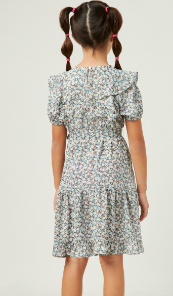 Girls Ruffle Sleeve Belted Ditsy Floral Dress