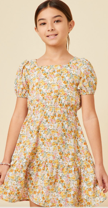 Girls Puff Sleeve Floral Tied Square Neck Dress