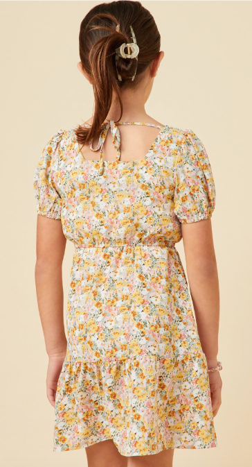 Girls Puff Sleeve Floral Tied Square Neck Dress