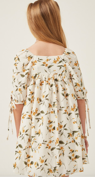 Girls Floral Square Neck Tie Sleeve Dress