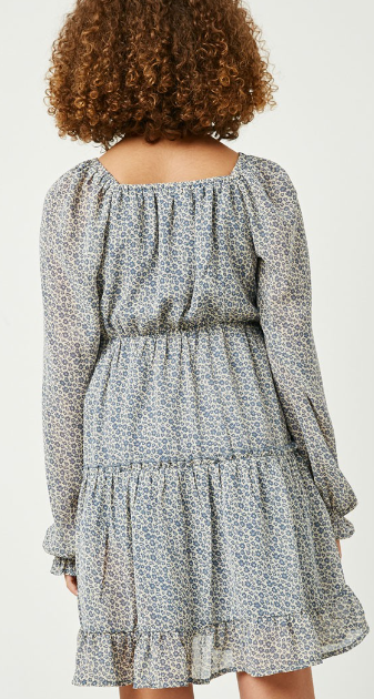 Girls Smocked Square Neck Floral Mini Dress in Blue