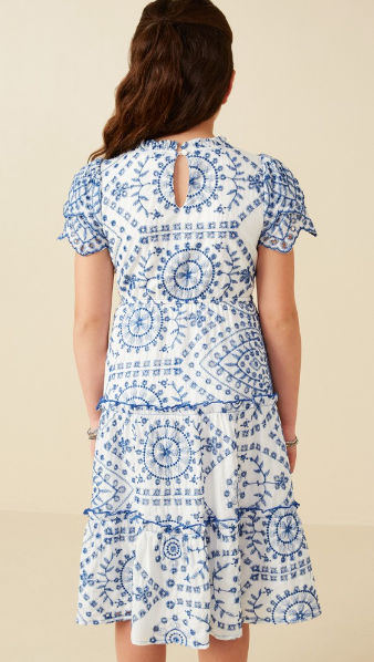 Girls Eyelet Lace Scallop Sleeve Midi Dress
