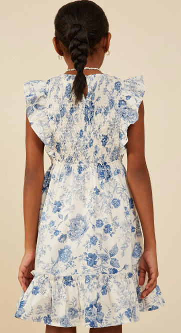 Girls Antique Floral Smock And Ruffle Dress in Blue