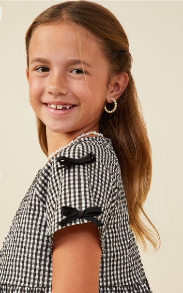 Girls Contrast Ribbon Gingham Babydoll Top