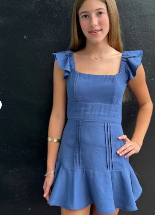 Pleat Ruffle Strap Dress in Blue