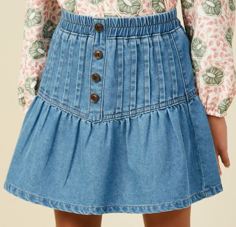 Girls Pleated Button Detail Denim Skirt