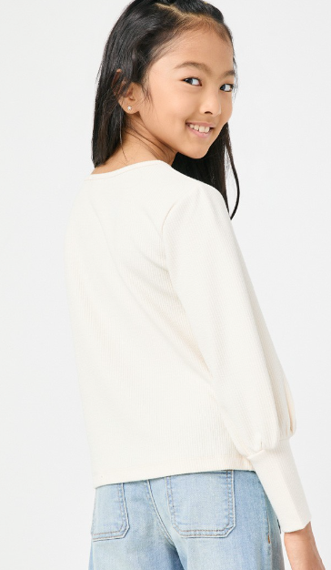 Girls Textured Rib Exaggerated Cuff Knit Top in Ivory