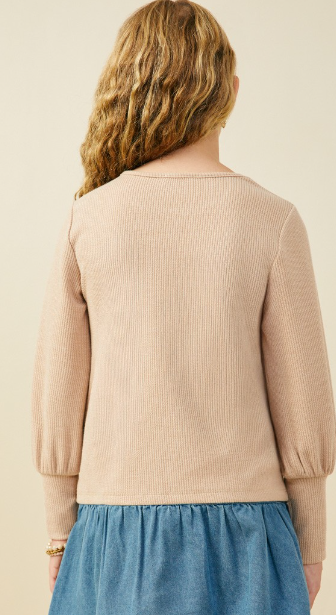 Girls Textured Rib Exaggerated Cuff Knit Top in Taupe
