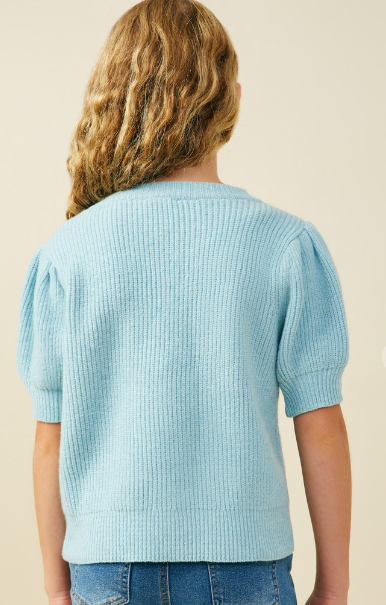 Girls Bow Detailed Puff Sleeve Short Sleeve Sweater Top