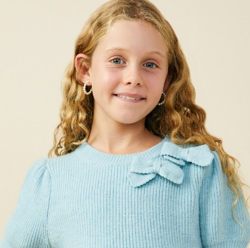Girls Bow Detailed Puff Sleeve Short Sleeve Sweater Top