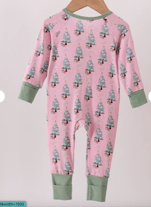 Pink Christmas Tree Bamboo Ruffle Zipper Romper