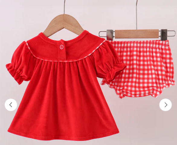 Red Bow Embroidery Velvet Bloomer Set