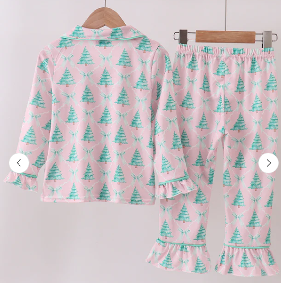 Pink Christmas Tree Ruffle Pajama Set