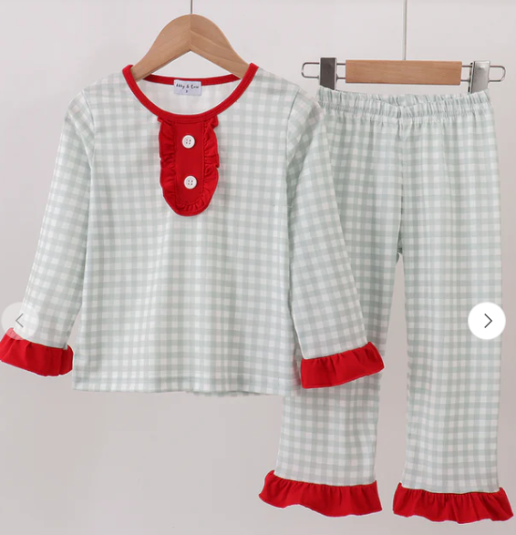 Sage Gingham Ruffle Pajama Set