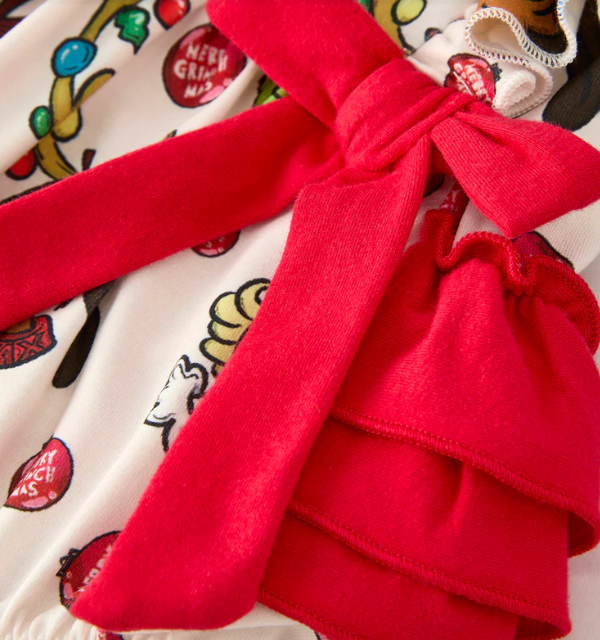 Christmas Cindy Lou Print Baby Girls Romper with Red Bow Detail