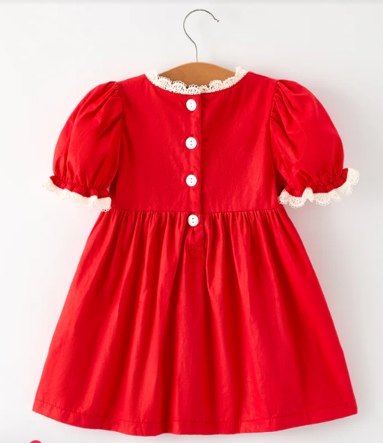 Red Christmas Girls Dress: Beautiful Embroidery with Lace Trim