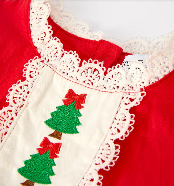 Red Christmas Girls Dress: Beautiful Embroidery with Lace Trim