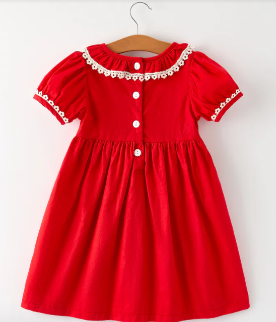 Red Christmas Girls Dress: Cross Embroidery with Lace Trim
