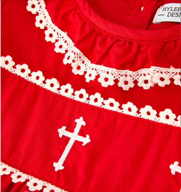 Red Christmas Girls Dress: Cross Embroidery with Lace Trim
