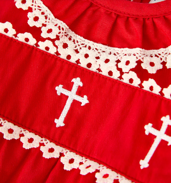 Red Christmas Baby Girls Romper: Cross Embroidery with Lace Trim
