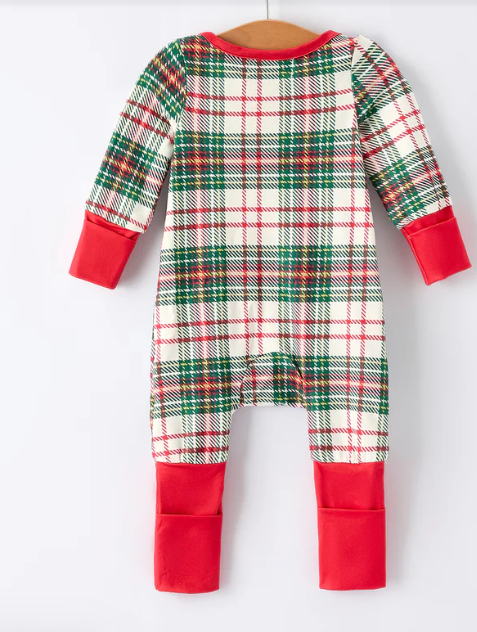 Christmas Plaid Baby Girls Romper with Long Sleeves and Red Cuffs