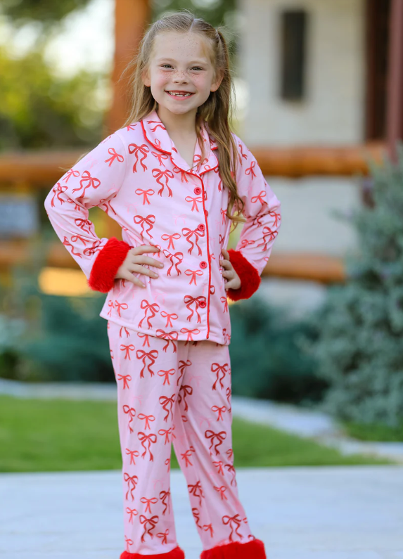 Christmas Bow Girls Pajama Set with Furry Trim