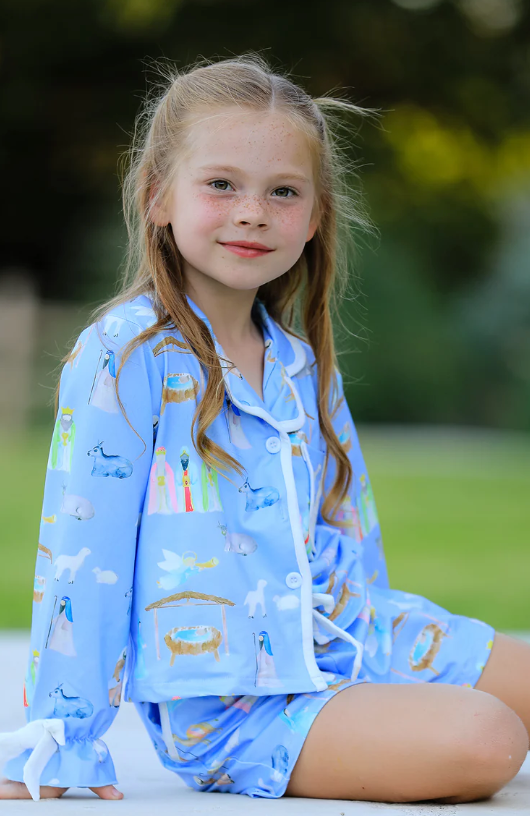 Blue Christmas Nativity Pattern Girls Pajamas Set