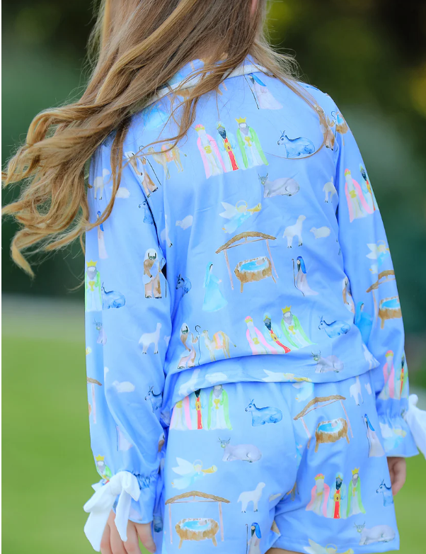 Blue Christmas Nativity Pattern Girls Pajamas Set