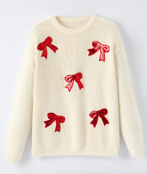 Winter Christmas Girls Bow Sequins Pullover Sweater