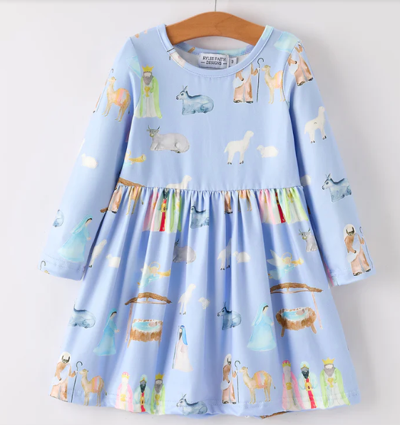 Winter Christmas Nativity Print Girls Long Sleeve Dress