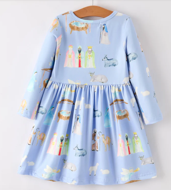 Winter Christmas Nativity Print Girls Long Sleeve Dress