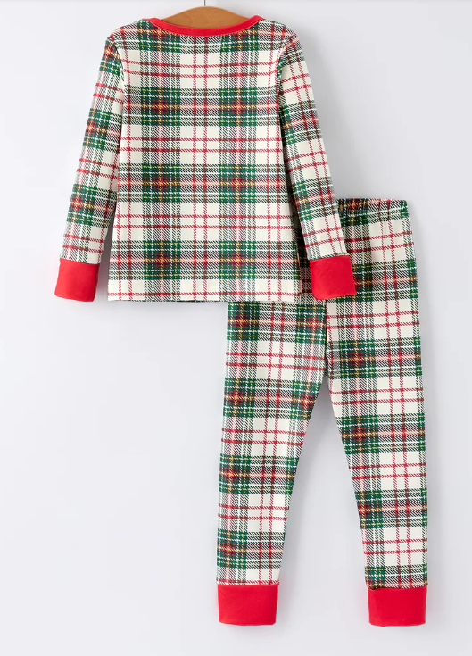 Christmas Plaid Girls Pajamas Set with Long Sleeves and Red Cuffs