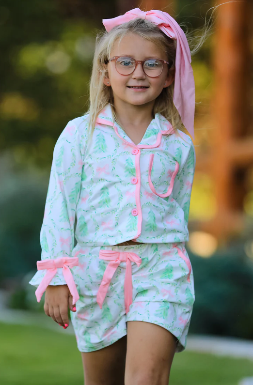 Christmas Tree & Bow Print Girls Pajama Set