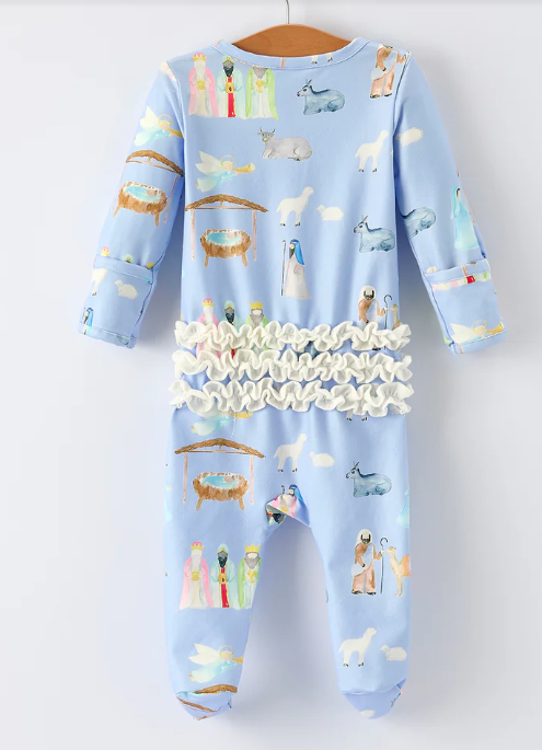 Blue Christmas Nativity Pattern Baby Girls Romper with Ruffles