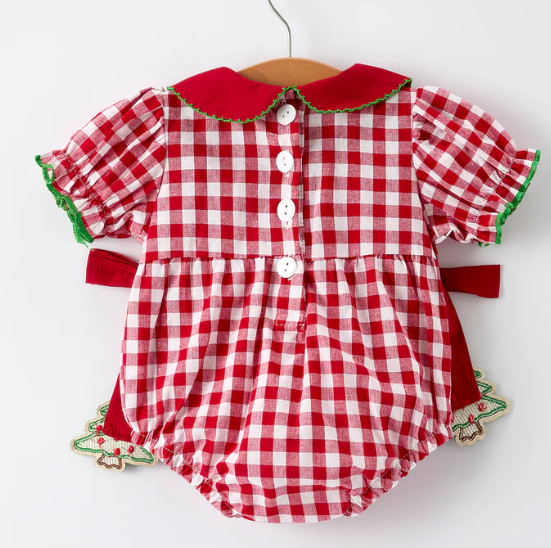 Baby Girls Christmas Outfit – Red Plaid Romper with Tree Bow Accents