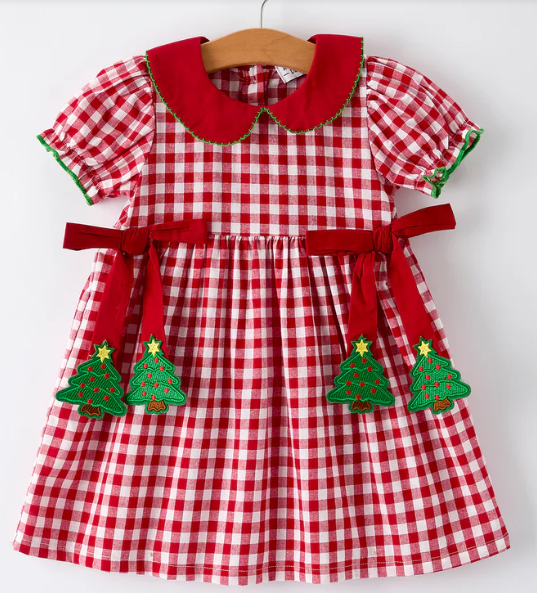 Girls Christmas Outfit – Red Plaid Dress with Tree Bow Accents