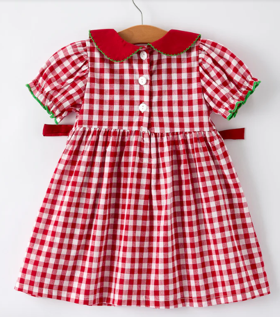 Girls Christmas Outfit – Red Plaid Dress with Tree Bow Accents
