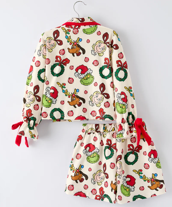 Christmas Wreath Character Print Girls Pajama Set