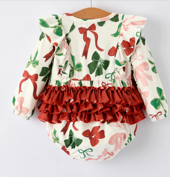 Holiday Print Christmas Baby Girl Romper with Bow Ruffles