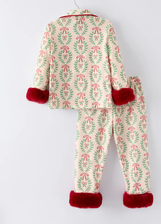 Christmas Long Sleeve Pajama Set with Red Cuffs and Festive Pattern